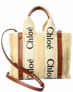 Chloé Woody Small Shearling & Leather Tote Women Totes