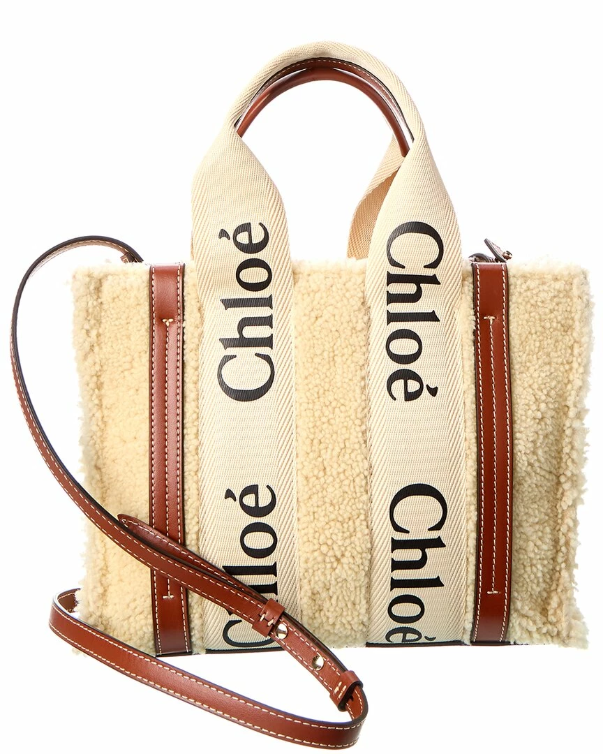 Chloé Woody Small Shearling & Leather Tote Women Totes