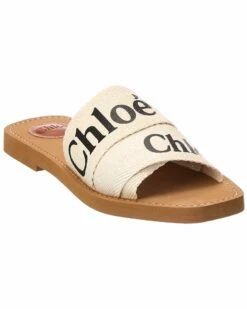 Chloé Woody Logo Canvas Slide Women Flat Sandals Beige