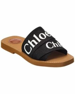 Chloé Woody Logo Canvas Slide Women Flat Sandals Black