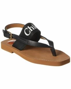 Chloé Woody Logo Canvas & Leather Sandal Women Flat Sandals